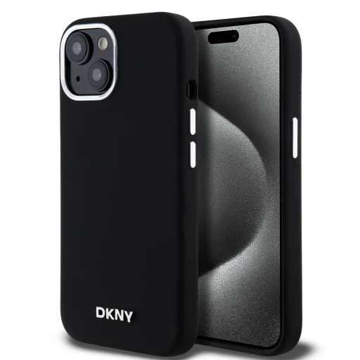 DKNY Liquid Silicone Silver Metal Logo MagSafe tok iPhone 15-höz fekete - 1