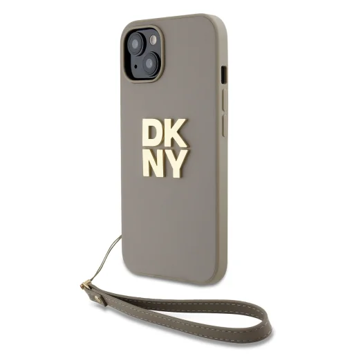  iPhone 15 Bézs DKNY PU bőrből készült logós csuklópántos tok - 2