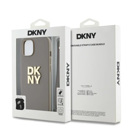  iPhone 15 Bézs DKNY PU bőrből készült logós csuklópántos tok - 5