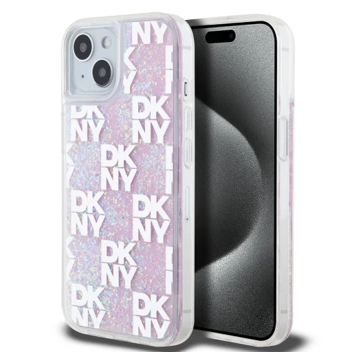  iPhone 15 Pink DKNY Liquid Glitter Checkered Pattern tok - 1