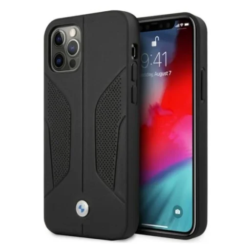  iPhone 12/12 Pro 6,1" fekete BMW BMHCP12MRSCSK kemény tok bőr perforált oldalakkal tok - 1