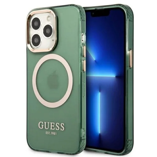 Guess GUHMP13LHTCMA iPhone 13 Pro / 13 6.1" zöld/khaki kemény tok Arany Keretes Áttetsző MagSafe tok - 1