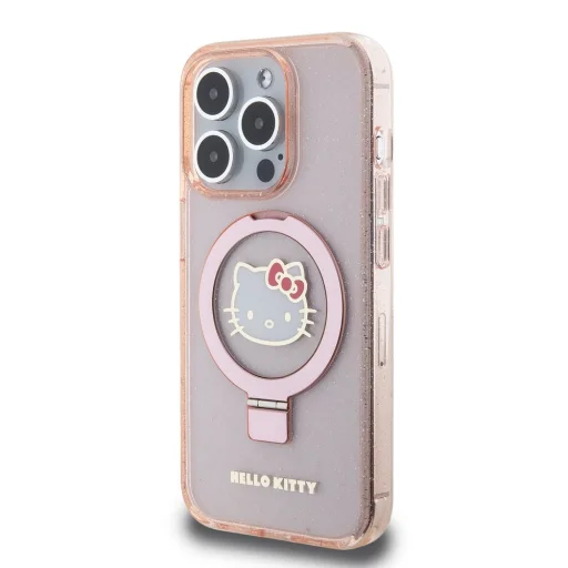 Hello Kitty IML gyűrűs tartó flitteres Kitty fej logó MagSafe tok iPhone 15 Pro Pink - 2