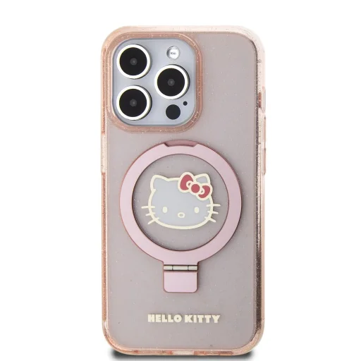 Hello Kitty IML gyűrűs tartó flitteres Kitty fej logó MagSafe tok iPhone 15 Pro Pink - 3