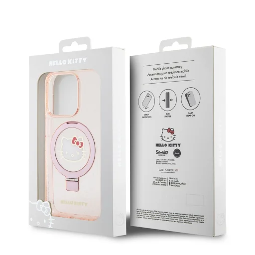 Hello Kitty IML gyűrűs tartó flitteres Kitty fej logó MagSafe tok iPhone 15 Pro Pink - 7