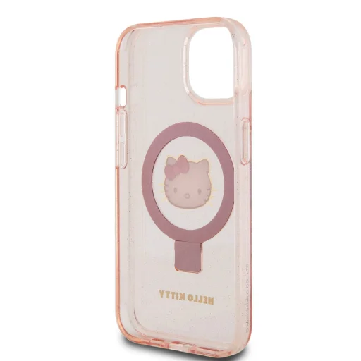 Hello Kitty IML Ringstand Csillogó Kitty Fej Logó MagSafe tok iPhone 15 Pink - 6