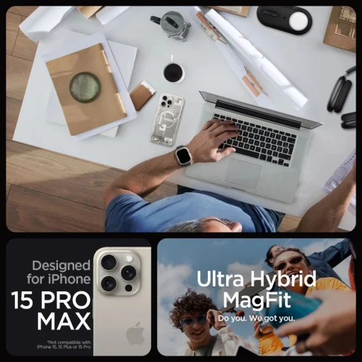  iPhone 15 Pro Max természetes titán Spigen Ultra Hybrid Mag tok - Zero One mintázat - 9