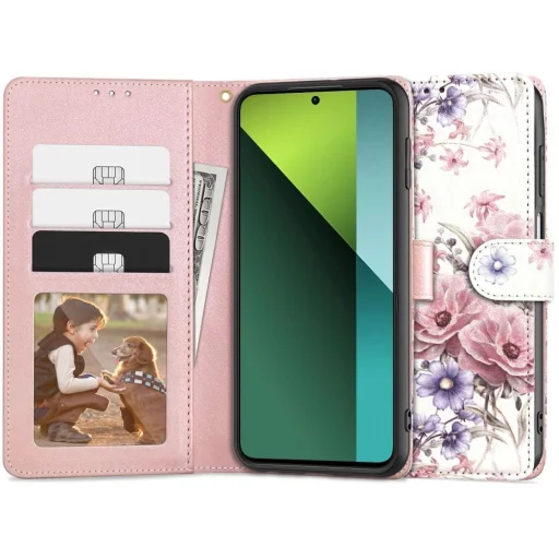 Tech-Protect Wallet tok Xiaomi Redmi Note 13 Pro 5G / Poco X6 5G - rózsaszín virágok - 1
