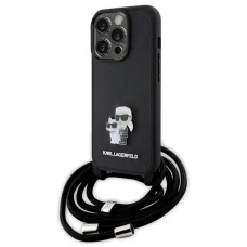  iPhone 15 Pro fekete Karl Lagerfeld Crossbody Saffiano Metal Pin Karl & Choupette tok
