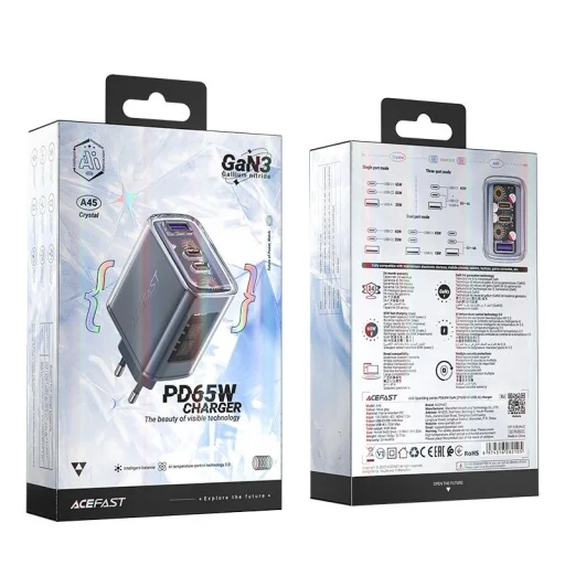 Acefast GaN 65W töltő 3 porttal (1xUSB, 2xUSB C) szürke (A45) - 5