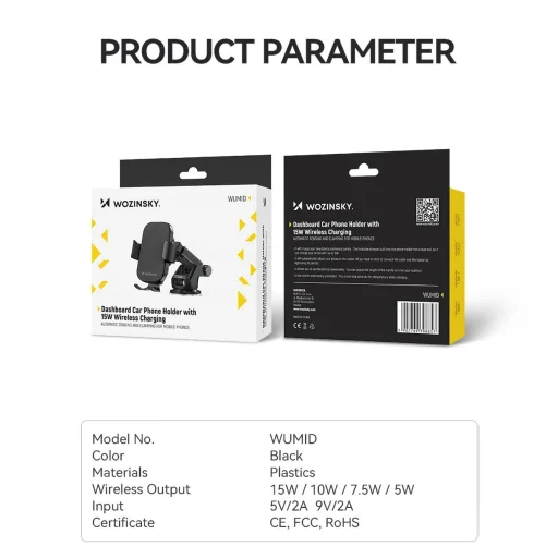 Wozinsky WUMID telefontartó 15W induktív töltővel autós műszerfalhoz - fekete - 4