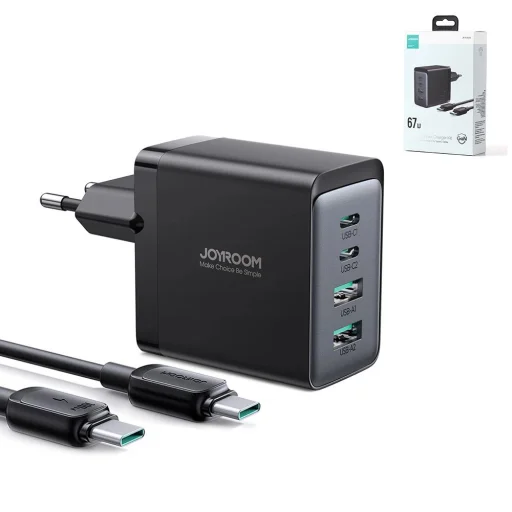 Joyroom GaN töltő 67W 4 portos (2x USB, 2x USB C) fekete (TCG02) + USB C - USB C kábel 100W 1.2m - 12