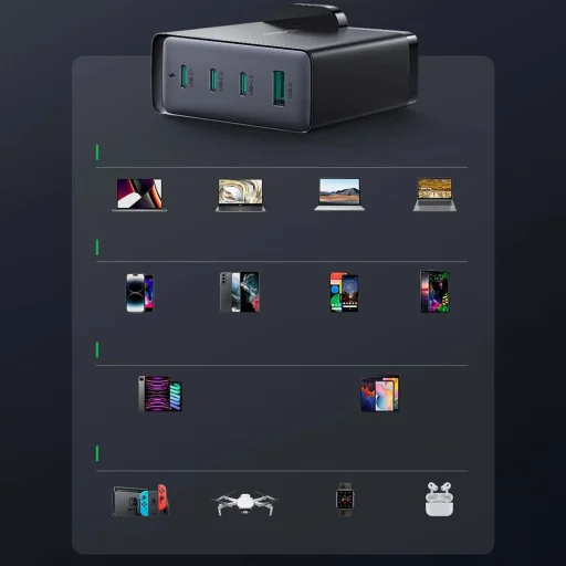 GaN töltő UK Joyroom JR-TCG05UK 140W 3x USB-C USB-A + USB-C / USB-C kábel 240W 1,2m - 13