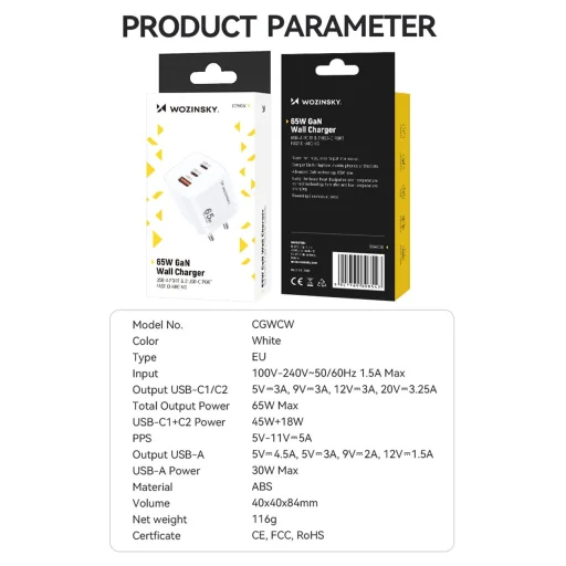 Wozinsky CGWCW 65W USB-A / 2 x USB-C GaN fali töltő - fehér - 4