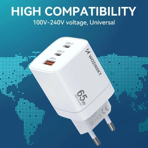 Wozinsky CGWCW 65W USB-A / 2 x USB-C GaN fali töltő - fehér - 7