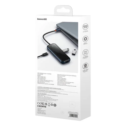 Baseus AcmeJoy 5 az 1-ben hub, USB-C - 2xUSB 3.0, USB 2.0, USB-C PD, RJ45 (sötétszürke) - 11