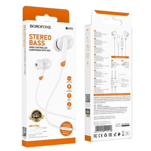 Borofone BM92 finomított vezetékes fülhallgató mikrofonnal Type-C fehér - 5