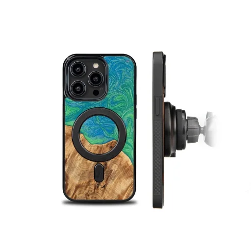 Bewood Unique MagSafe Tokyo fa és gyanta tok iPhone 15 Pro-hoz - Zöld és Kék - 2