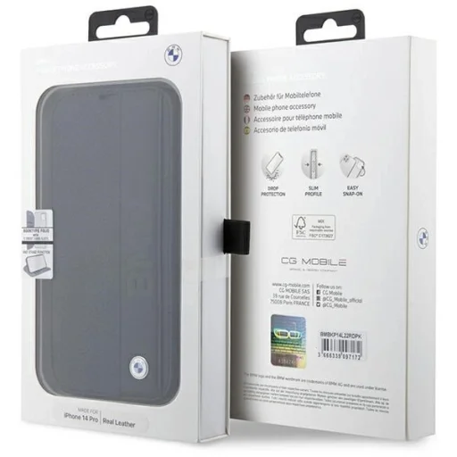  iPhone 14 Pro Max 6.7" fekete/fekete BMW BMBKP14X22RDPK fliptok Leather Textured&Stripe tok - 7