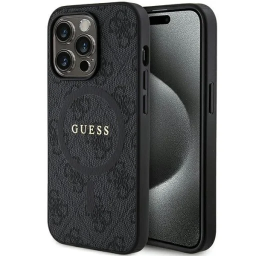 Guess 4G Kollekció Bőr Fém Logós MagSafe iPhone 14 Pro tok - Fekete - 1