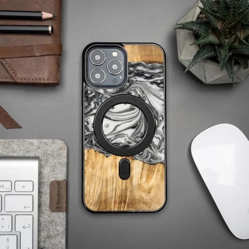 Bewood Unique MagSafe Föld Elem Fa és Gyanta Tok iPhone 13 Pro Max - Fekete és Fehér - 3