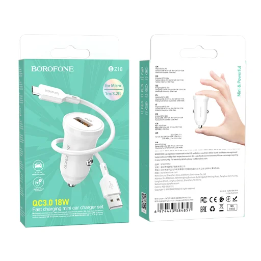 Borofone autós töltő BZ18 - USB - QC 3.0 18W USB-Micro USB kábellel fehér - 4