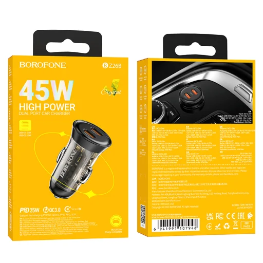 Borofone autós töltő BZ26B Discovery - 2xType C - PD 45W 3A átlátszó-fekete - 5