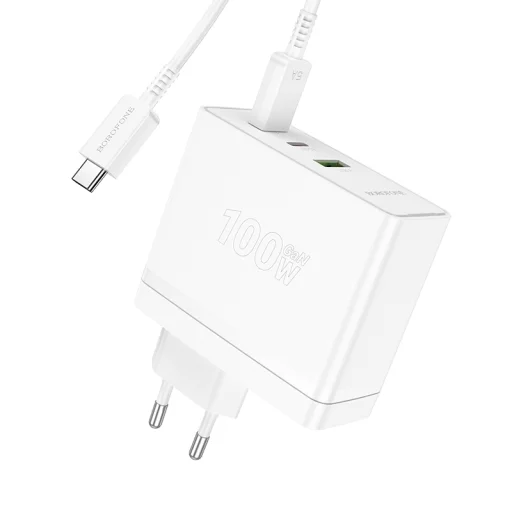 Borofone hálózati töltő BN11 Imperial - USB + 2xType C - QC 3.0 PD 100W Type C - Type C kábellel fehér - 3