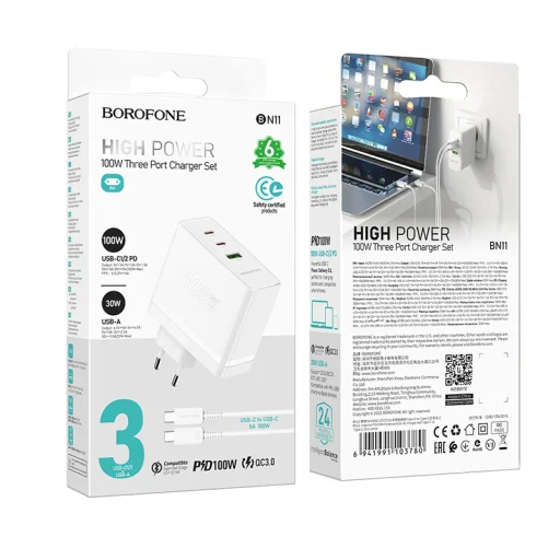 Borofone hálózati töltő BN11 Imperial - USB + 2xType C - QC 3.0 PD 100W Type C - Type C kábellel fehér - 9