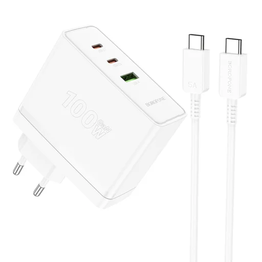 Borofone hálózati töltő BN11 Imperial - USB + 2xType C - QC 3.0 PD 100W Type C - Type C kábellel fehér - 1
