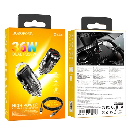 Borofone autós töltő BZ29B Kiemelkedő - 2xType C - PD 36W 3A Type C to Lightning kábellel átlátszó-fekete - 5
