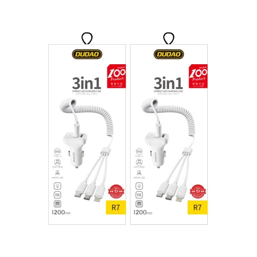 Dudao szivargyújtós töltő 2xUSB 2.4A és 3in1 lightning/ Type-C/ micro USB kábel fehér - 8