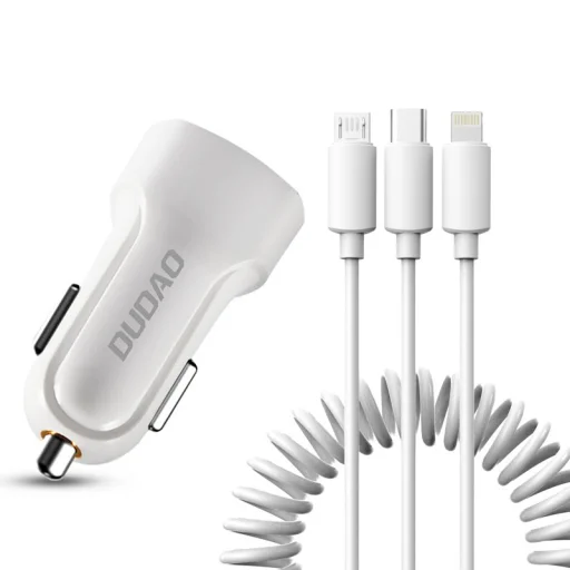Dudao szivargyújtós töltő 2xUSB 2.4A és 3in1 lightning/ Type-C/ micro USB kábel fehér - 1