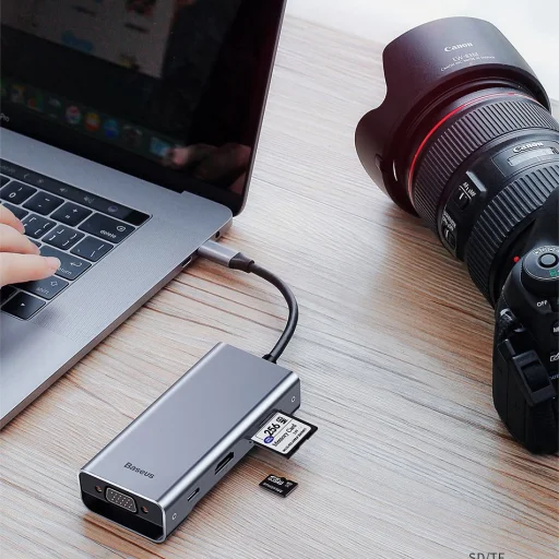 Baseus Square HUB USB-C/2x USB 3.0 + 1x USB-C (PD) + 1x VGA, TF/SD kártyaolvasó szürke - 15