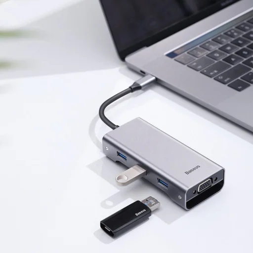 Baseus Square HUB USB-C/2x USB 3.0 + 1x USB-C (PD) + 1x VGA, TF/SD kártyaolvasó szürke - 8