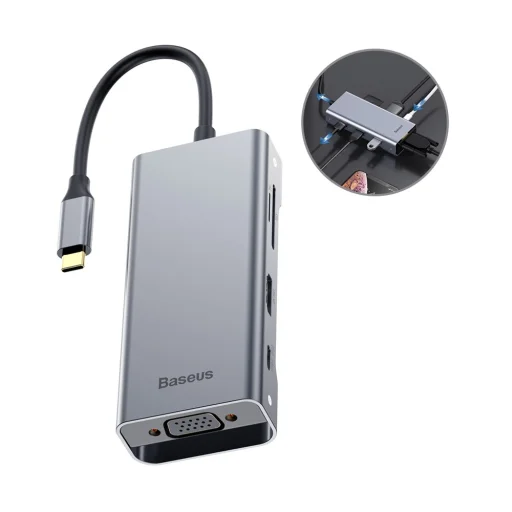 Baseus Square HUB USB-C/2x USB 3.0 + 1x USB-C (PD) + 1x VGA, TF/SD kártyaolvasó szürke - 1
