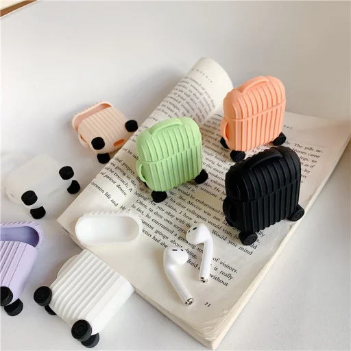 Szilikon Airpods 1/2 tok bőrönd forma halvány rózsaszín színben - 3