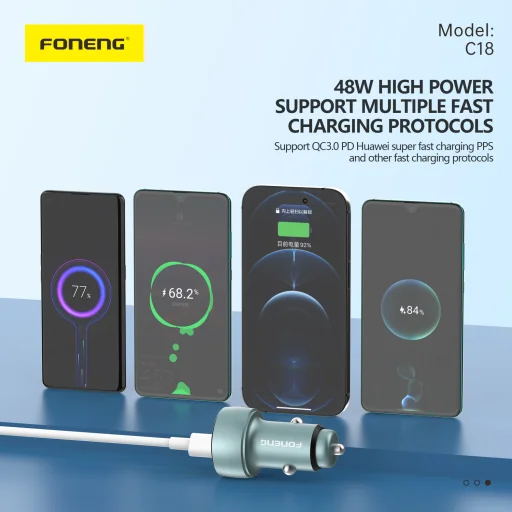 Foneng autós töltő C18 - USB + Type C - PD 48W 3A Type C - Lightning kábellel szürke - 5