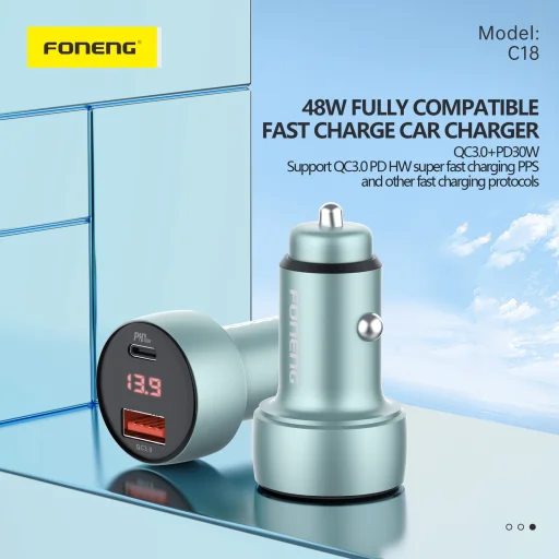 Foneng autós töltő C18 - USB + Type C - PD 48W 3A Type C - Lightning kábellel szürke - 7