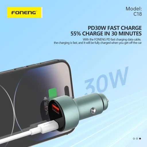 Foneng autós töltő C18 - USB + Type C - PD 48W 3A Type C - Lightning kábellel szürke - 9