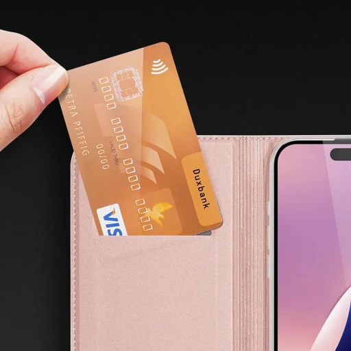 Dux Ducis Skin Pro fliptok iPhone 16 Pro-hoz kártyatartóval - rózsaszín - 14