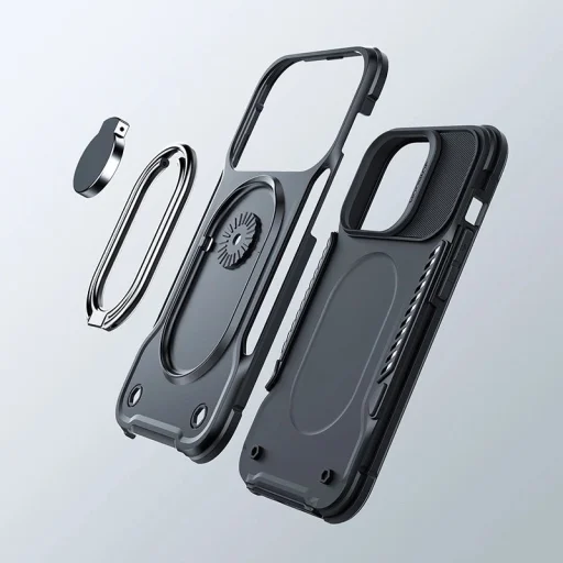 Joyroom Dual Hinge tok iPhone 14 Pro-hoz, páncélozott tok állvánnyal és gyűrűtartóval fekete - 2
