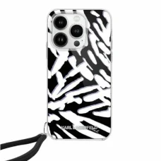  iPhone 15 Fekete Karl Lagerfeld IML Zebra mintázatú tok és zsinór