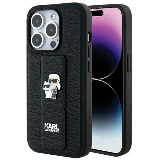 Karl Lagerfeld Gripstand Saffiano Karl&Choupette Pin tok iPhone 14 Pro - fekete - 1