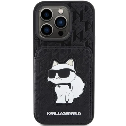  iPhone 15 Pro Max Karl Lagerfeld Saffiano Cardslots és Állványos Monogram Choupette tok - Fekete - 3