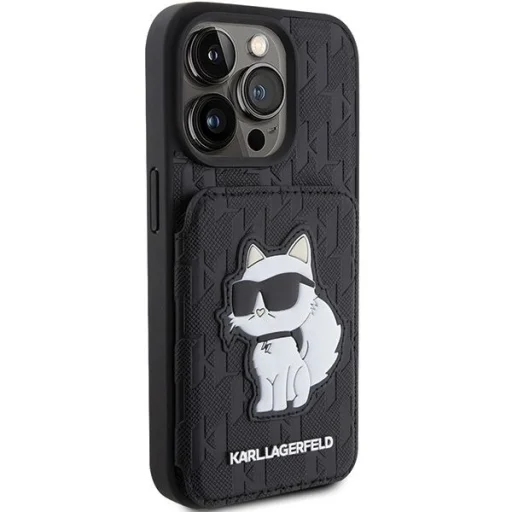  iPhone 15 Pro Max Karl Lagerfeld Saffiano Cardslots és Állványos Monogram Choupette tok - Fekete - 4