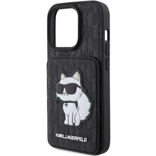  iPhone 15 Pro Max Karl Lagerfeld Saffiano Cardslots és Állványos Monogram Choupette tok - Fekete - 6