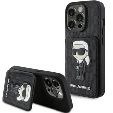  iPhone 15 Pro Max fekete Karl Lagerfeld Saffiano Cardslots és Állványos Monogram Ikonik Patch tok