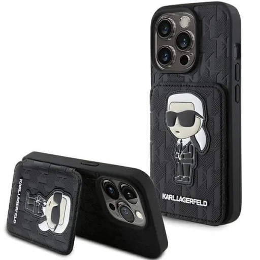  iPhone 15 Pro Max fekete Karl Lagerfeld Saffiano Cardslots és Állványos Monogram Ikonik Patch tok - 1