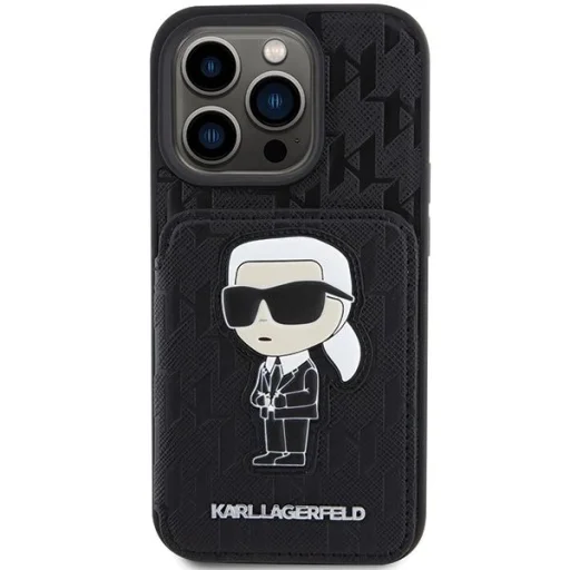  iPhone 15 Pro Max fekete Karl Lagerfeld Saffiano Cardslots és Állványos Monogram Ikonik Patch tok - 3